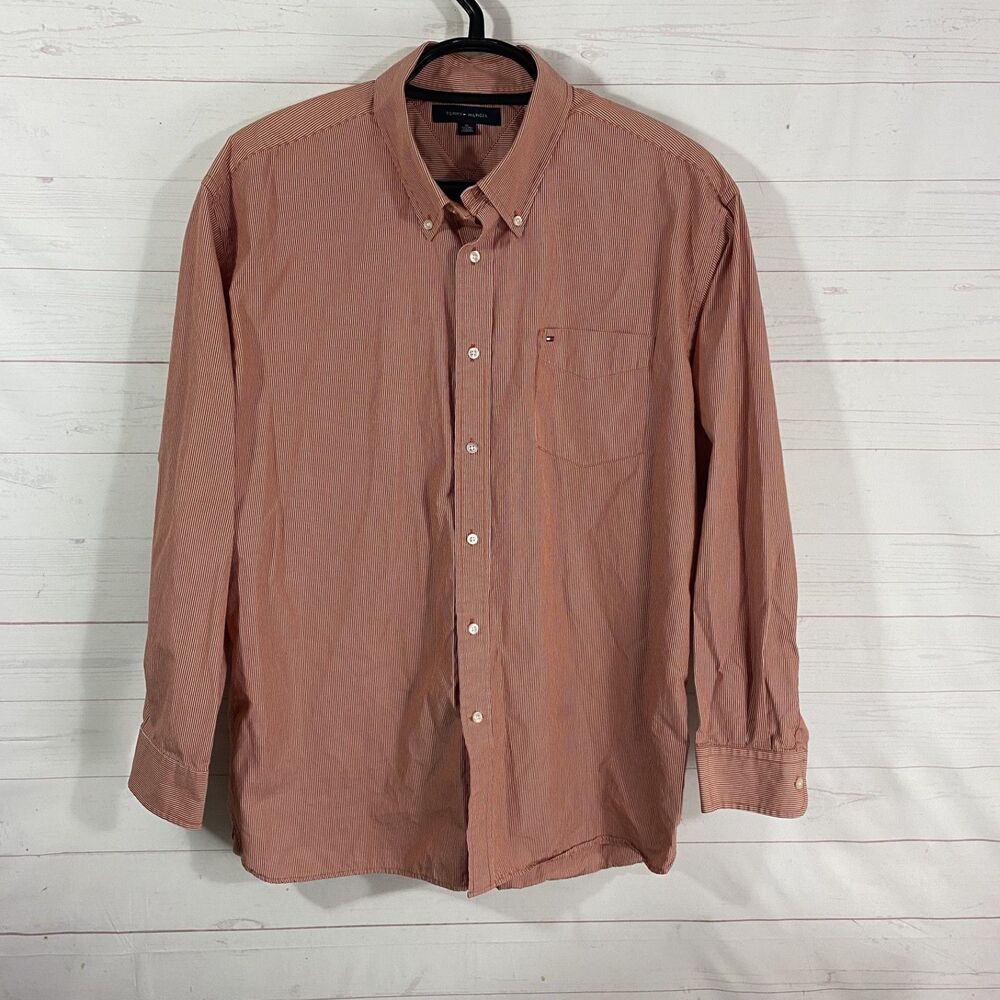 Tommy Hilfiger Mens Red Stripe Cotton Shirt XL Long Sleeve Button Front Collared